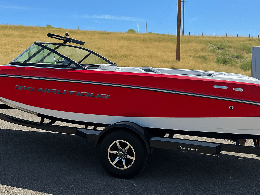 Red and white Ski Nautique boat on a trailer in a sunny outdoor setting.